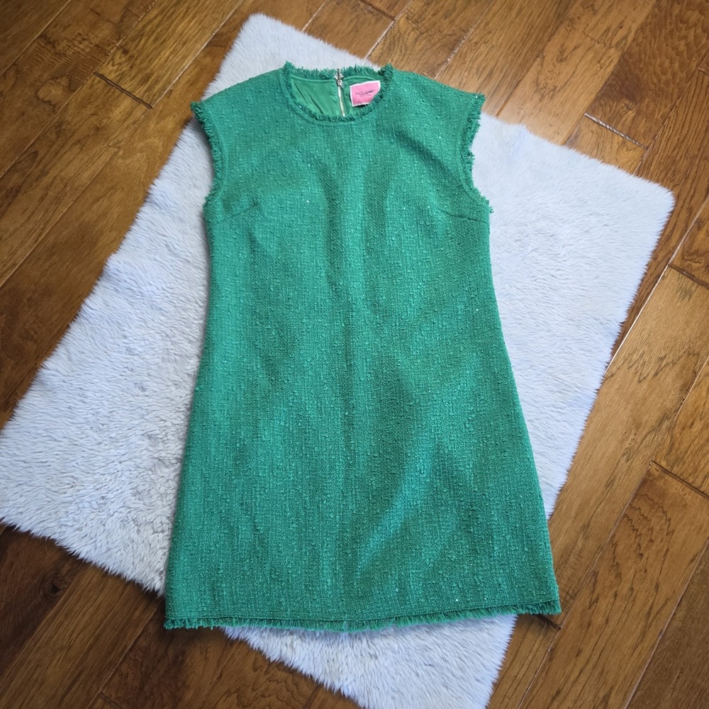 Kate Spade Tweed Lady Dress Women's 10 Sleeveless Green Exposed Gold Zipper